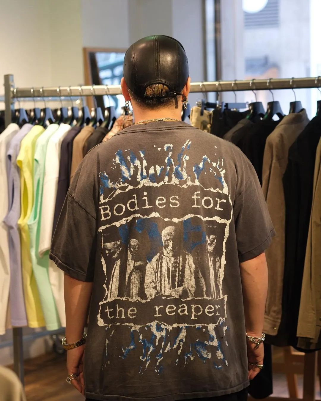 SAINT MICHAEL SS TEE/B FOR REAPER Jesus Hell's Angels Washed and Distressed Short Sleeves Washed Black S-XL Garment Dyed Printed Washed and Distressed